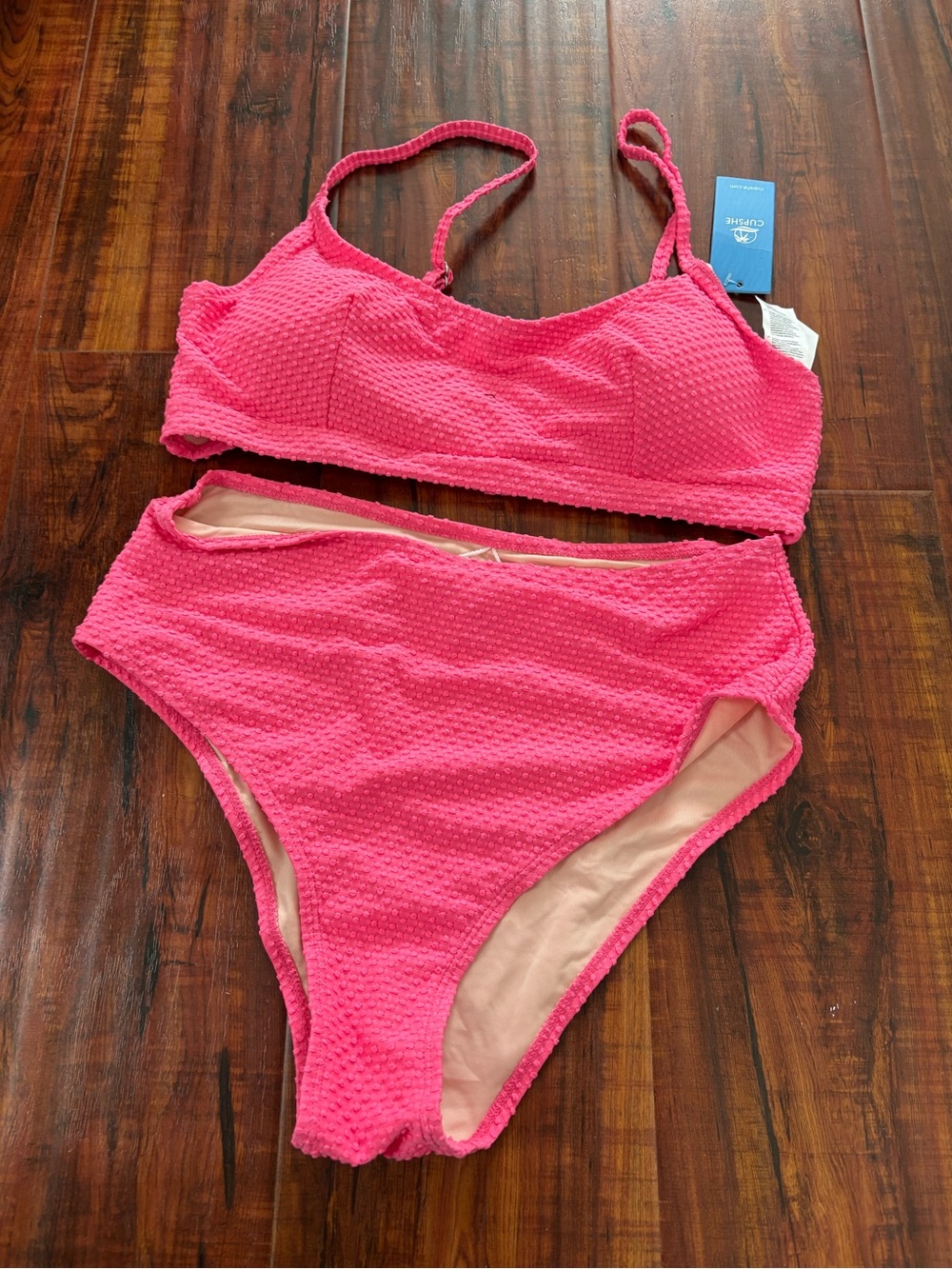 NWT Cupshe Pink Textured Square-Neck Bikini with High-Waist Bottoms in Size M - Picture 6 of 9